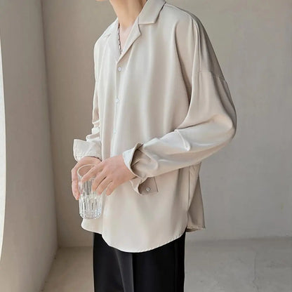 Men Clothing Senior Spring Cuban Neck Shirt for Men Solid Color Fashion Loose Casual Drop Long Sleeve Men Dress Shirt