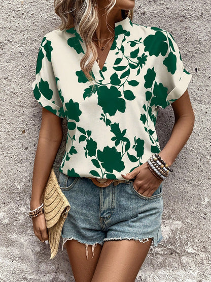 LUNE Holiday Casual Floral Printed Notched Neck Batwing Sleeve Blouse
