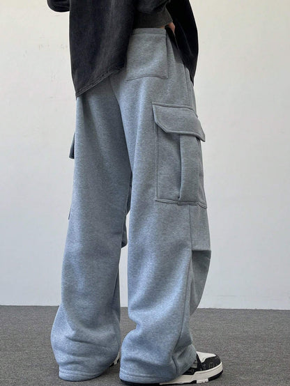 Manfinity Hypemode Men'S Drawstring Waist Cargo Pocket Pleated Loose Casual Baggy Sweatpants Going Out Street Wear Sweatpants, for Husband, Boyfriend Gifts, Grey Baggy Sweatpants, Men S Cargo Sweat Pants, Cargo Sweatpants