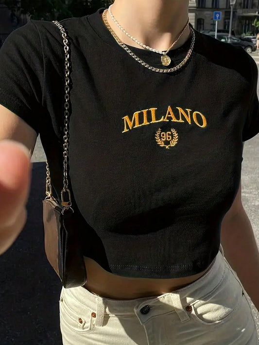 INAWLY Women'S Short Sleeve round Neck Crop Top with Letter Embroidery