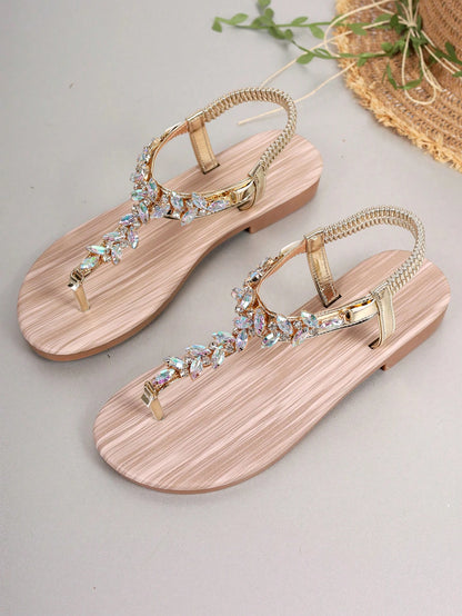 Gold Sandals Summer Women Shoes Roman Style Rhinestone Flat Heels Lightweight Slip-Ons Sexy Bohemian Beach Party Sandals