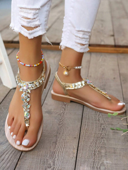 Gold Sandals Summer Women Shoes Roman Style Rhinestone Flat Heels Lightweight Slip-Ons Sexy Bohemian Beach Party Sandals