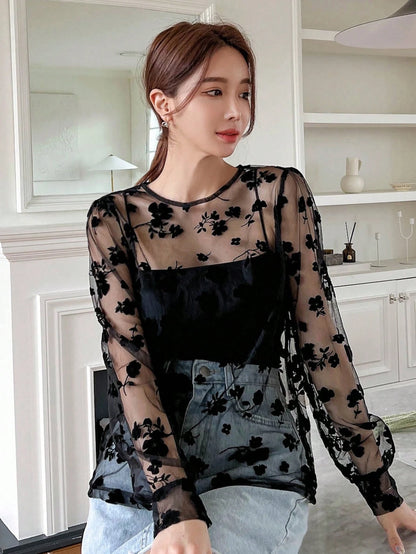 DAZY Floral Embroidery Mesh Top without Cami Top Going Out Tops Sheer