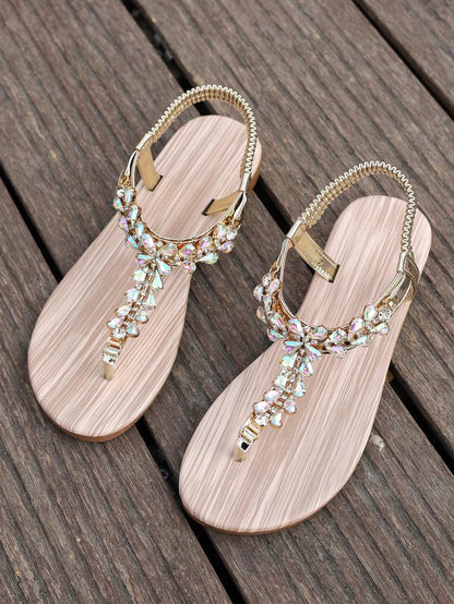 Gold Sandals Summer Women Shoes Roman Style Rhinestone Flat Heels Lightweight Slip-Ons Sexy Bohemian Beach Party Sandals
