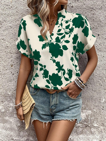 LUNE Holiday Casual Floral Printed Notched Neck Batwing Sleeve Blouse