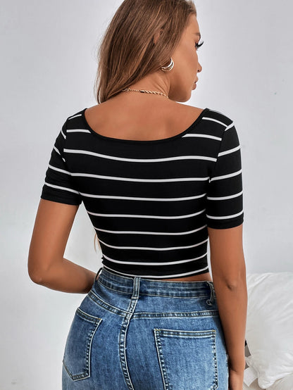 Ezwear Summer Scoop Neck Striped Crop Tee