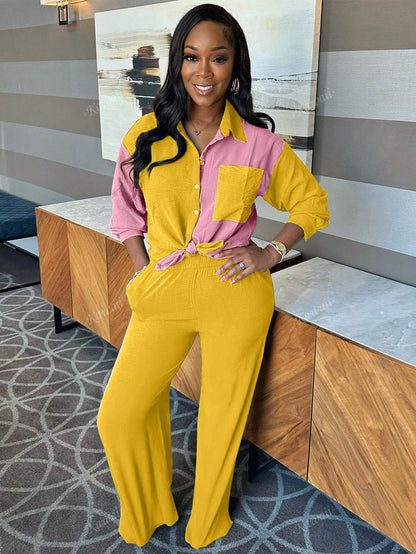 2Pcs Contrast Color Collared Casual Elegant Shirt and Solid Color Pants Set