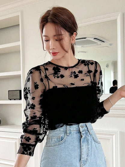 DAZY Floral Embroidery Mesh Top without Cami Top Going Out Tops Sheer