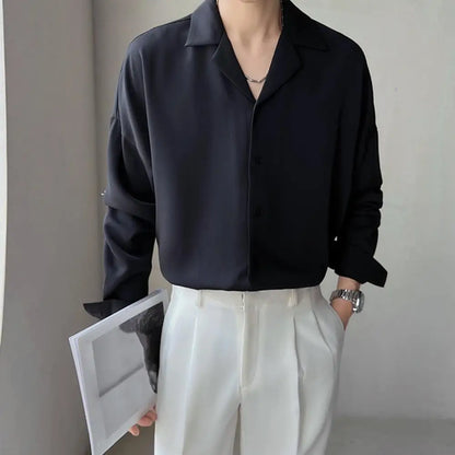 Men Clothing Senior Spring Cuban Neck Shirt for Men Solid Color Fashion Loose Casual Drop Long Sleeve Men Dress Shirt
