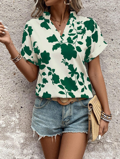 LUNE Holiday Casual Floral Printed Notched Neck Batwing Sleeve Blouse