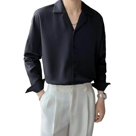 Men Clothing Senior Spring Cuban Neck Shirt for Men Solid Color Fashion Loose Casual Drop Long Sleeve Men Dress Shirt