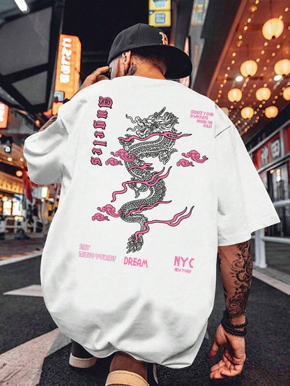 Men'S Letter & Dragon Print round Neck Casual Commuting T-Shirt