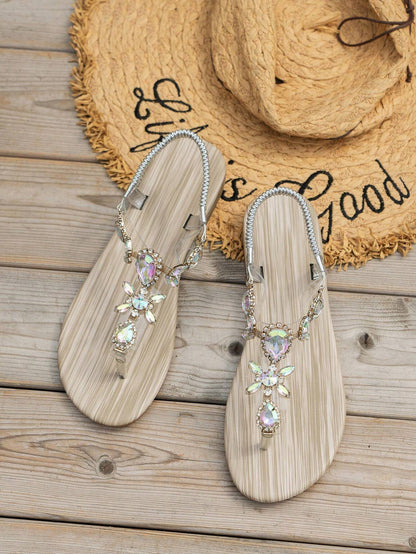 Gold Sandals Summer Women Shoes Roman Style Rhinestone Flat Heels Lightweight Slip-Ons Sexy Bohemian Beach Party Sandals
