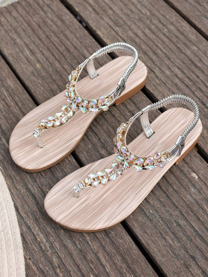 Gold Sandals Summer Women Shoes Roman Style Rhinestone Flat Heels Lightweight Slip-Ons Sexy Bohemian Beach Party Sandals