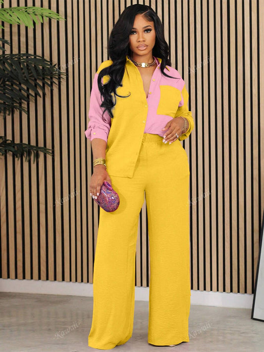 2Pcs Contrast Color Collared Casual Elegant Shirt and Solid Color Pants Set