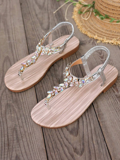 Gold Sandals Summer Women Shoes Roman Style Rhinestone Flat Heels Lightweight Slip-Ons Sexy Bohemian Beach Party Sandals