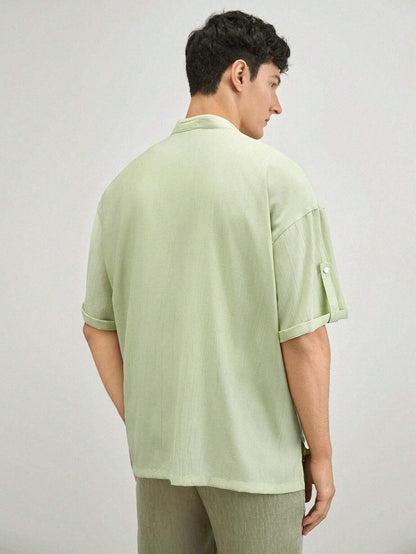 AKNOTIC Business Casual Men'S Woven Stand Collar Short Sleeve Casual Shirt, Suitable for Summer