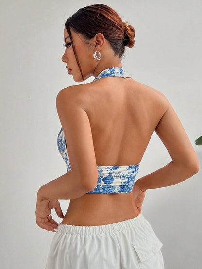 Ezwear Ladies' Summer Palace Floral Print Halter Crop Top