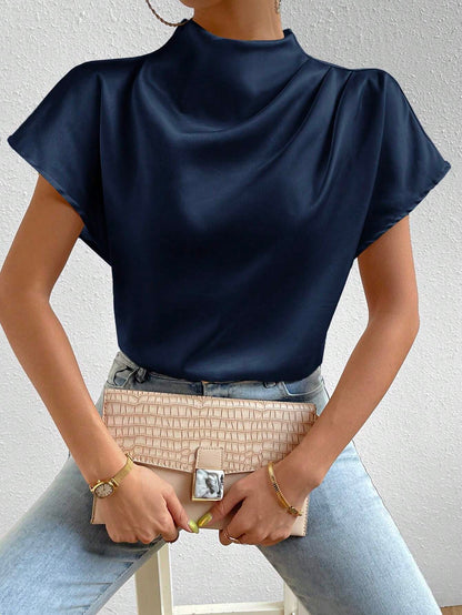 Rosydaze Stand Collar Plain Color Pleated Silk Elegant Short Sleeve Shirt