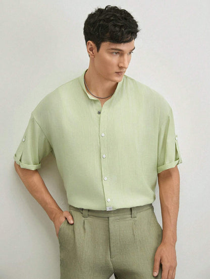 AKNOTIC Business Casual Men'S Woven Stand Collar Short Sleeve Casual Shirt, Suitable for Summer