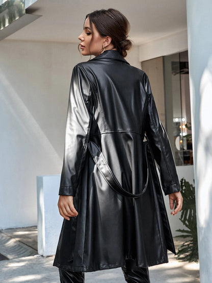 X Carly Lawrence Calvaya Lapel Collar Belted PU Trench Coat