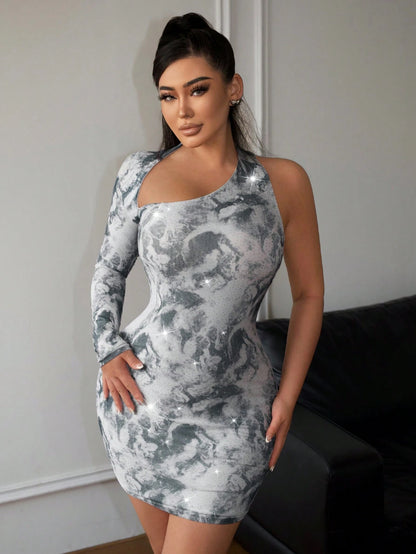 SXY X STAS  SXY Women Sexy One-Shoulder Dress with Sparkling Printed Flowers