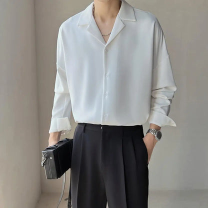 Men Clothing Senior Spring Cuban Neck Shirt for Men Solid Color Fashion Loose Casual Drop Long Sleeve Men Dress Shirt