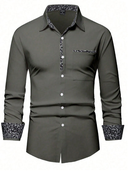 Manfinity Mode Men'S Fashionable Casual Printed Patchwork Long Sleeve Orange Shirt