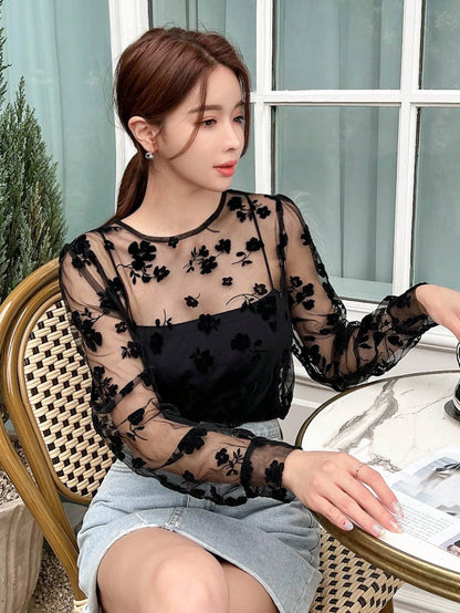 DAZY Floral Embroidery Mesh Top without Cami Top Going Out Tops Sheer