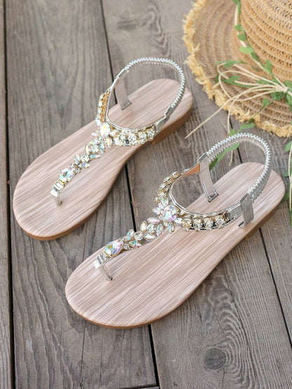 Gold Sandals Summer Women Shoes Roman Style Rhinestone Flat Heels Lightweight Slip-Ons Sexy Bohemian Beach Party Sandals
