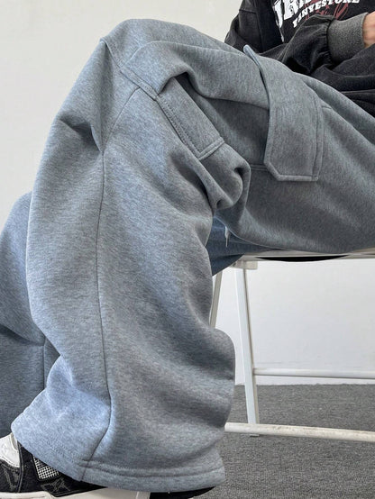 Manfinity Hypemode Men'S Drawstring Waist Cargo Pocket Pleated Loose Casual Baggy Sweatpants Going Out Street Wear Sweatpants, for Husband, Boyfriend Gifts, Grey Baggy Sweatpants, Men S Cargo Sweat Pants, Cargo Sweatpants