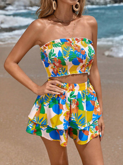 VCAY Summer Women'S Ruffle Tube Top and Tiered Shorts Casual Holiday Print Set