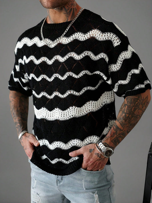 Manfinity Homme Men'S Wave Stripe Crew Neck Short Sleeve Casual Knit Top