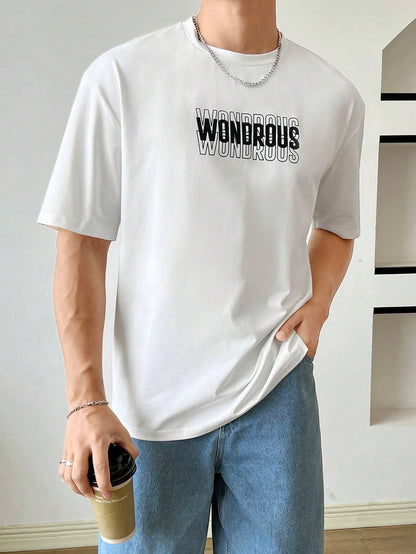 SWAVVY Loose Fit Men'S Elastic Knit T-Shirt with Slogan Print, Summer