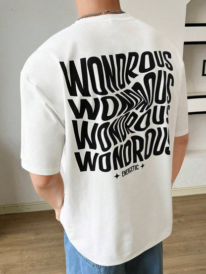 SWAVVY Loose Fit Men'S Elastic Knit T-Shirt with Slogan Print, Summer