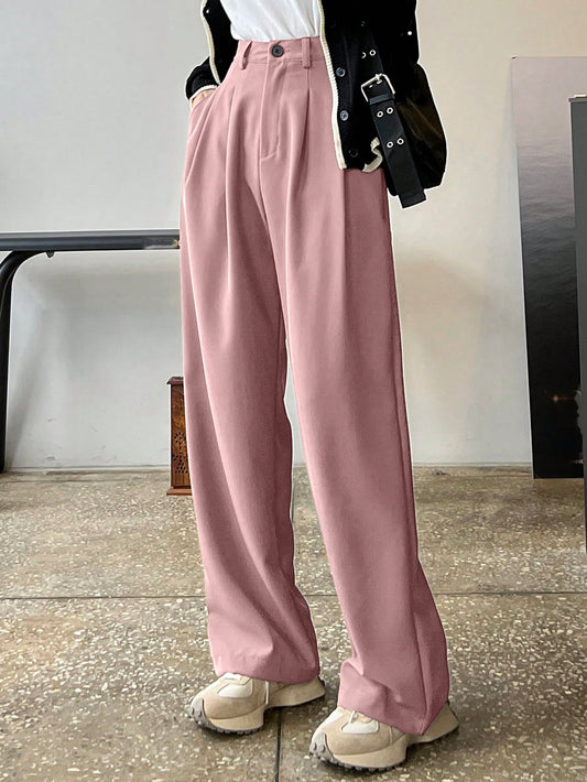 DAZY Women'S Solid Color Pleated Straight Leg Business Casual Pants