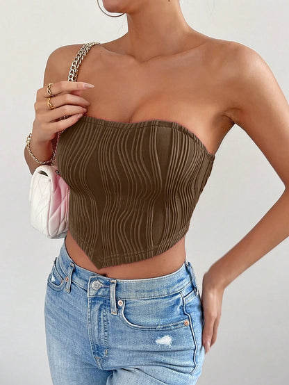 Chiquease Women Solid Color Textured Asymmetric Hem Cropped Bustier Top