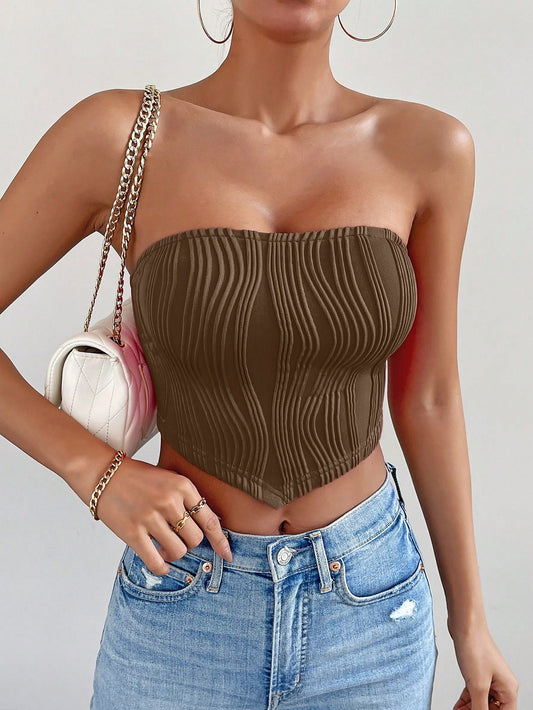 Chiquease Women Solid Color Textured Asymmetric Hem Cropped Bustier Top