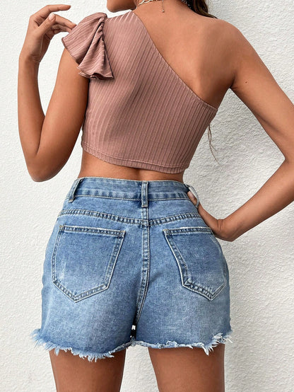 Privé One Shoulder Ruffle Trim Crop Tee