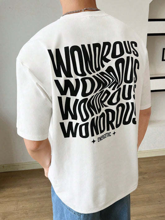 SWAVVY Loose Fit Men'S Elastic Knit T-Shirt with Slogan Print, Summer