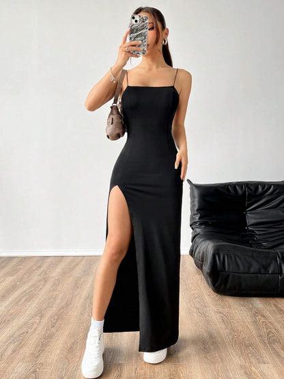 Ezwear Women'S Solid Color High Slit Spaghetti Strap Dress