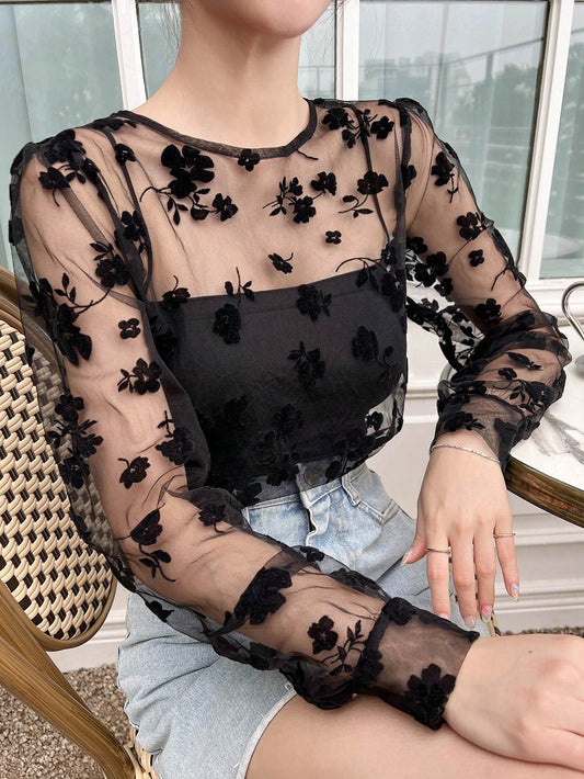 DAZY Floral Embroidery Mesh Top without Cami Top Going Out Tops Sheer