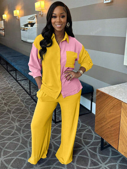 2Pcs Contrast Color Collared Casual Elegant Shirt and Solid Color Pants Set