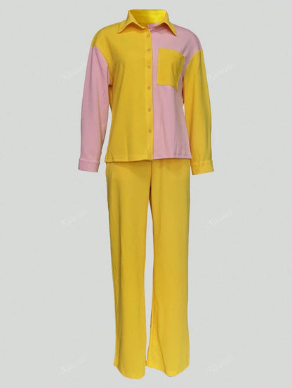 2Pcs Contrast Color Collared Casual Elegant Shirt and Solid Color Pants Set