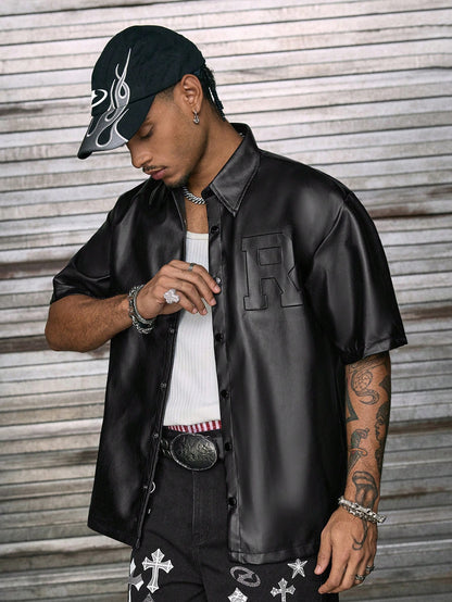 AXEPEAK Men Summer Street Fashion Plain Loose PU Leather Short Sleeve Shirt with Letter Print and Drop Shoulder Design, for Boyfriend Gift, Going Out, Streetwear Edition