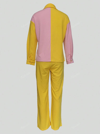 2Pcs Contrast Color Collared Casual Elegant Shirt and Solid Color Pants Set
