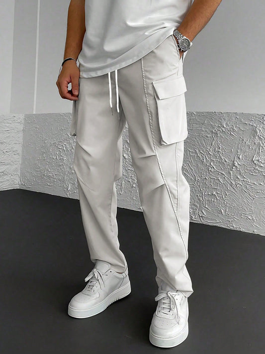 Manfinity LEGND Loose-Fitting Men'S Solid Color Cargo Pants with Drawstring Waist and Pockets