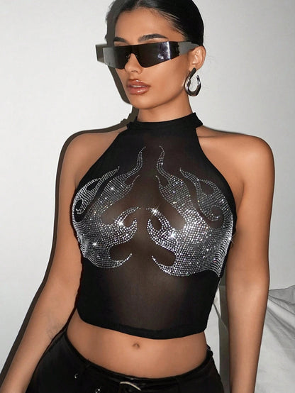 ICON Going Out Tops Women'S Flame Pattern Hot Drilling Mesh Halterneck Perspective Tank Top