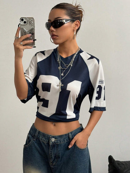 Flirla Breathable Mesh Color Block Numeric Print Loose Fit T-Shirt, Spring/Summer Graphic Tees Women Tops