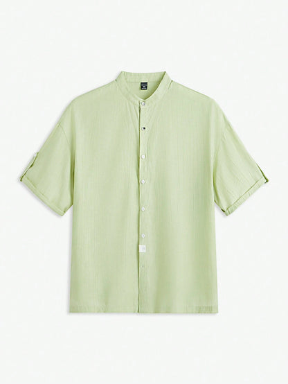 AKNOTIC Business Casual Men'S Woven Stand Collar Short Sleeve Casual Shirt, Suitable for Summer